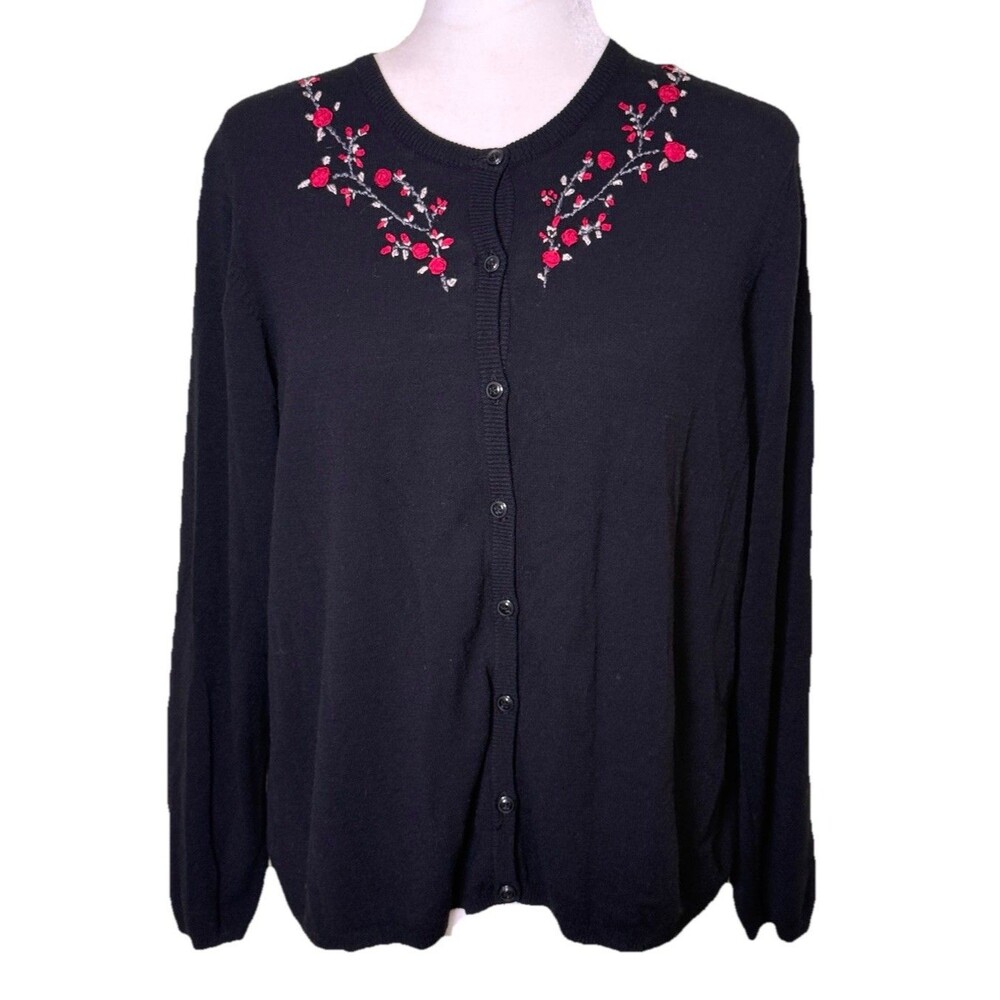 Josephine Chaus Black Floral Embroidered‎ Cardigan Grandma Chic Feminine Size XL